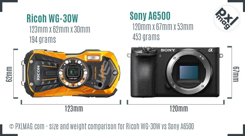 Ricoh WG-30W vs Sony A6500 size comparison