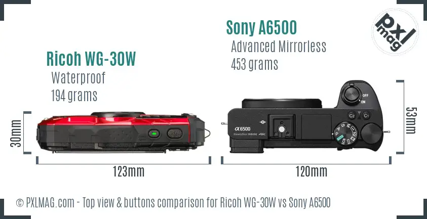 Ricoh WG-30W vs Sony A6500 top view buttons comparison