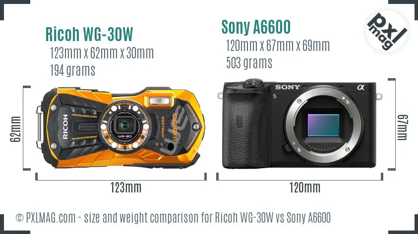 Ricoh WG-30W vs Sony A6600 size comparison