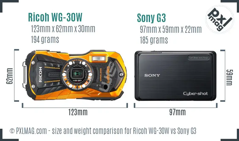 Ricoh WG-30W vs Sony G3 size comparison