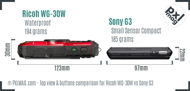 Ricoh WG-30W vs Sony G3 top view buttons comparison