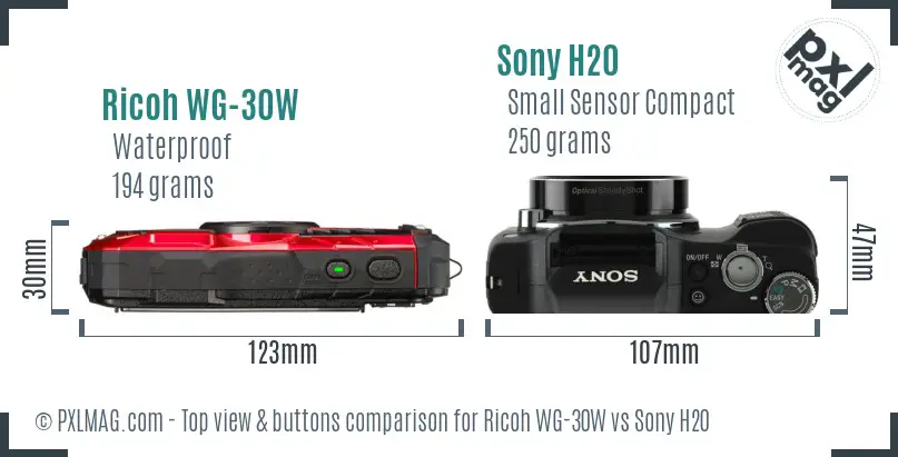 Ricoh WG-30W vs Sony H20 top view buttons comparison