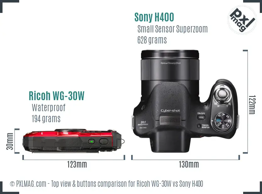 Ricoh WG-30W vs Sony H400 top view buttons comparison Ricoh WG-30W vs Sony H400 top view buttons comparison