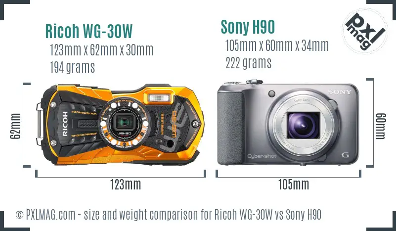 Ricoh WG-30W vs Sony H90 size comparison