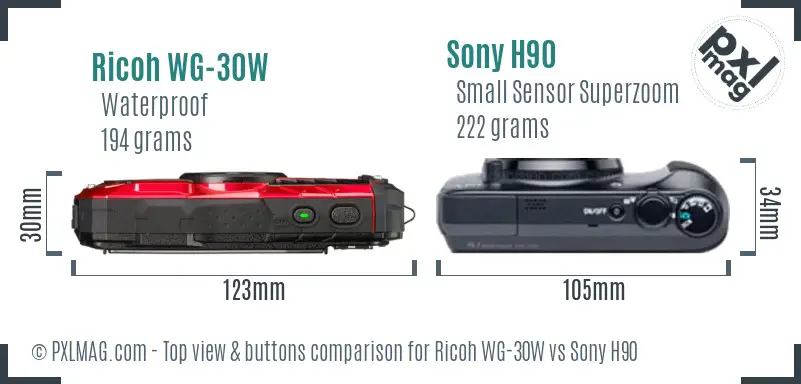 Ricoh WG-30W vs Sony H90 top view buttons comparison