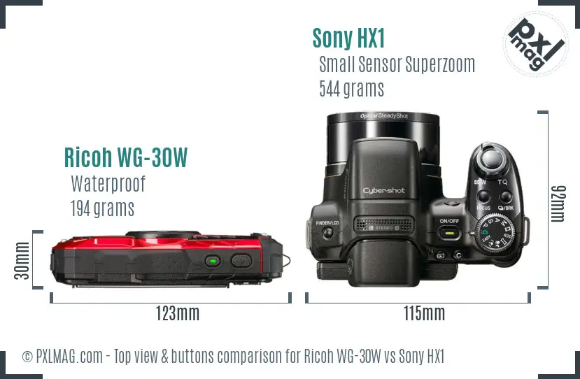 Ricoh WG-30W vs Sony HX1 top view buttons comparison Ricoh WG-30W vs Sony HX1 top view buttons comparison
