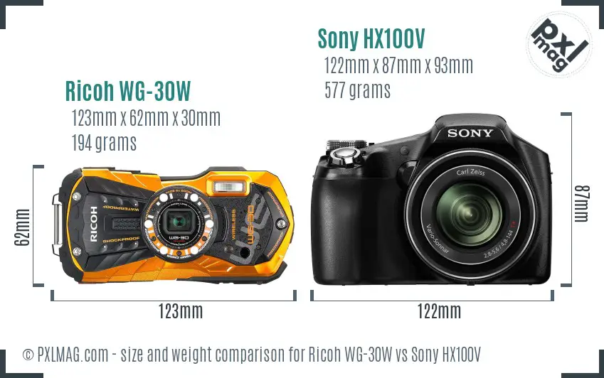 Ricoh WG-30W vs Sony HX100V size comparison