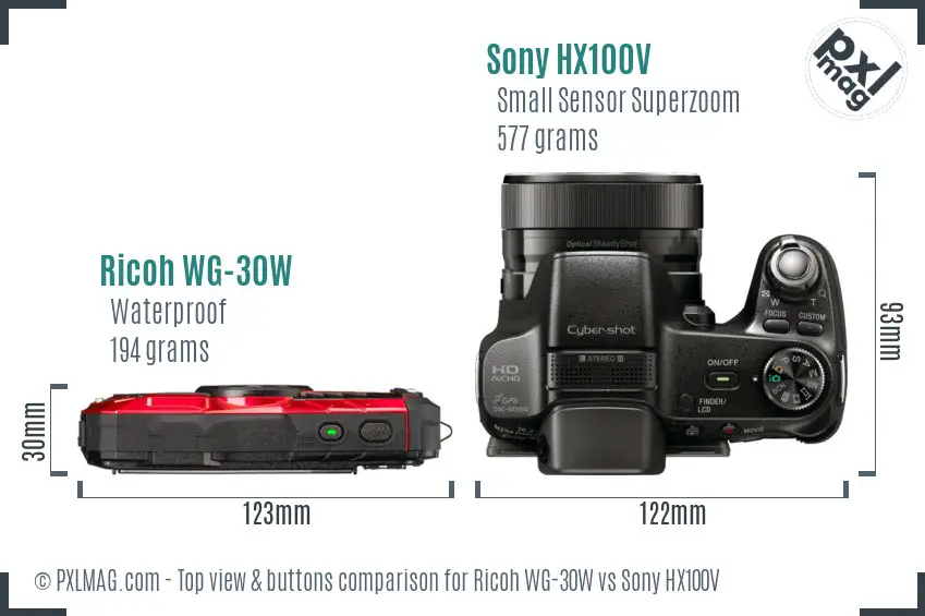 Ricoh WG-30W vs Sony HX100V top view buttons comparison