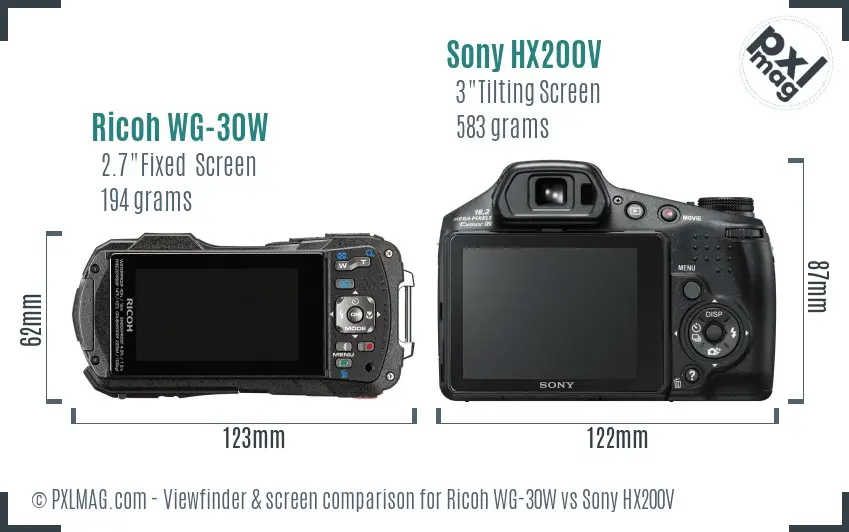 Ricoh WG-30W vs Sony HX200V Screen and Viewfinder comparison