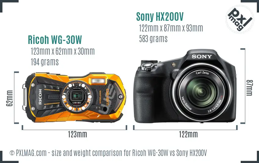 Ricoh WG-30W vs Sony HX200V size comparison