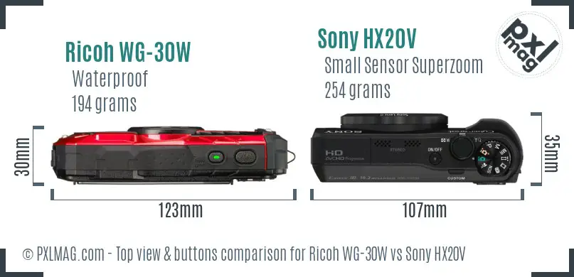 Ricoh WG-30W vs Sony HX20V top view buttons comparison