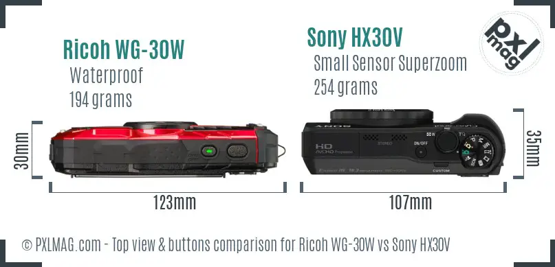 Ricoh WG-30W vs Sony HX30V top view buttons comparison