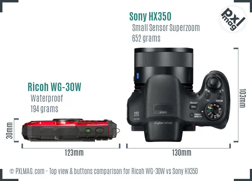 Ricoh WG-30W vs Sony HX350 top view buttons comparison Ricoh WG-30W vs Sony HX350 top view buttons comparison