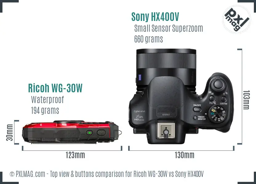 Ricoh WG-30W vs Sony HX400V top view buttons comparison Ricoh WG-30W vs Sony HX400V top view buttons comparison