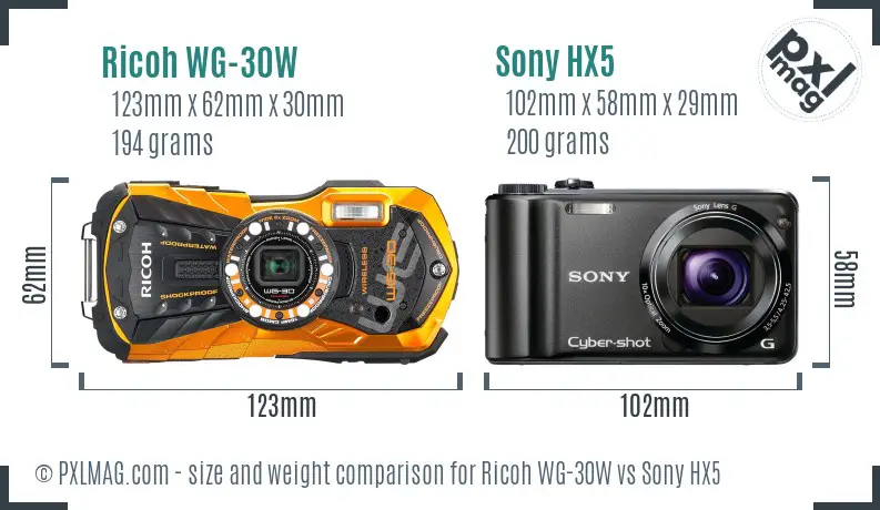 Ricoh WG-30W vs Sony HX5 size comparison