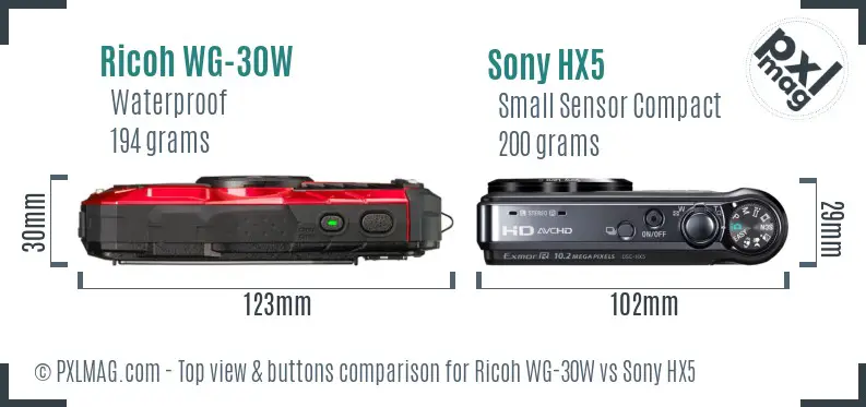 Ricoh WG-30W vs Sony HX5 top view buttons comparison