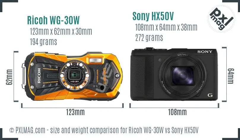 Ricoh WG-30W vs Sony HX50V size comparison
