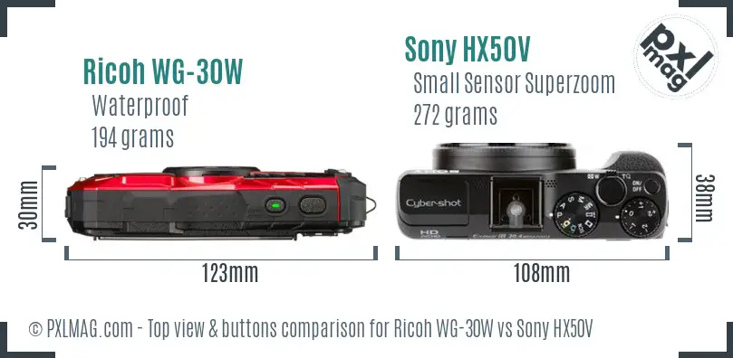 Ricoh WG-30W vs Sony HX50V top view buttons comparison