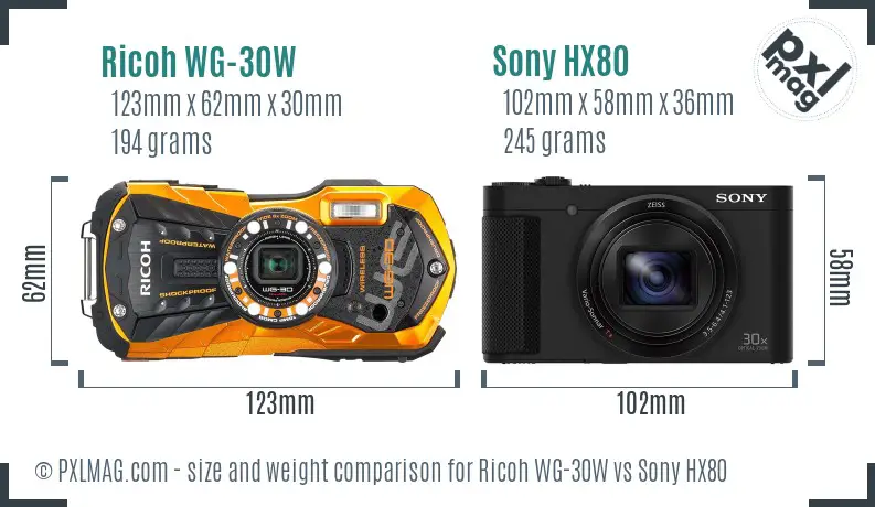 Ricoh WG-30W vs Sony HX80 size comparison