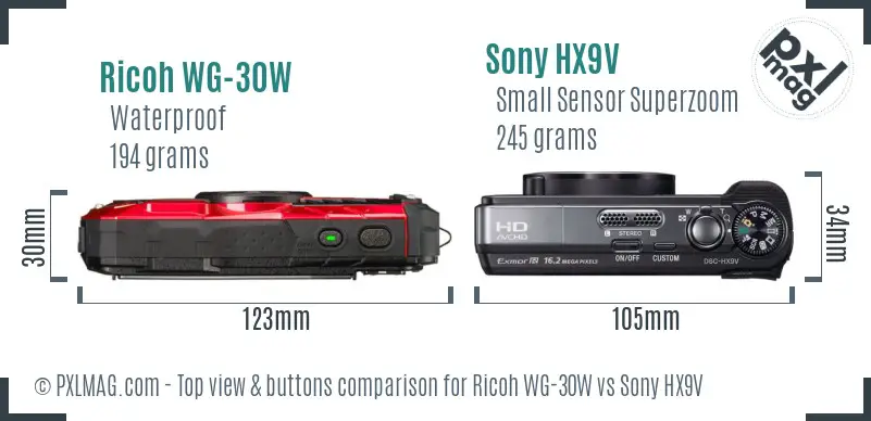 Ricoh WG-30W vs Sony HX9V top view buttons comparison