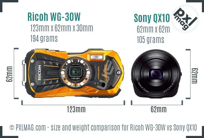Ricoh WG-30W vs Sony QX10 size comparison Ricoh WG-30W vs Sony QX10 size comparison