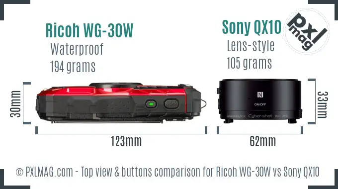 Ricoh WG-30W vs Sony QX10 top view buttons comparison Ricoh WG-30W vs Sony QX10 top view buttons comparison