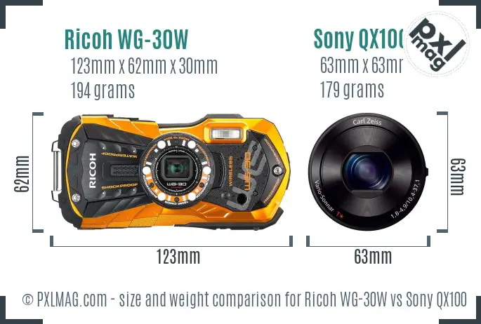 Ricoh WG-30W vs Sony QX100 size comparison Ricoh WG-30W vs Sony QX100 size comparison