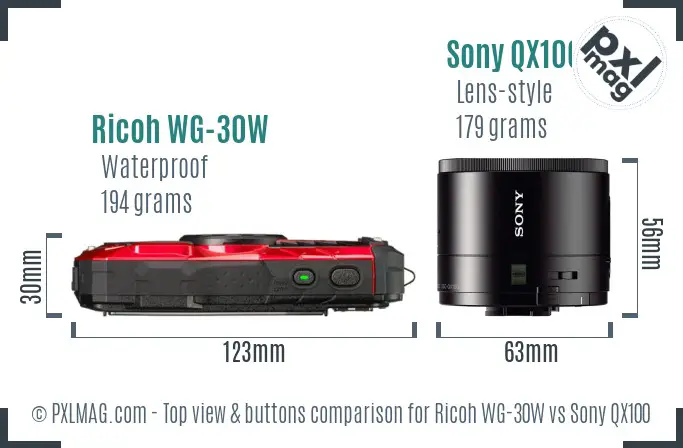 Ricoh WG-30W vs Sony QX100 top view buttons comparison Ricoh WG-30W vs Sony QX100 top view buttons comparison