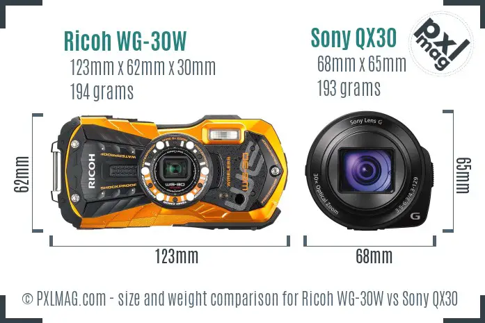 Ricoh WG-30W vs Sony QX30 size comparison