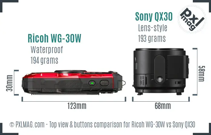 Ricoh WG-30W vs Sony QX30 top view buttons comparison