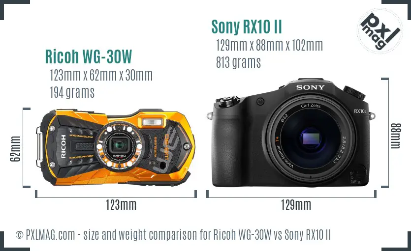 Ricoh WG-30W vs Sony RX10 II size comparison Ricoh WG-30W vs Sony RX10 II size comparison