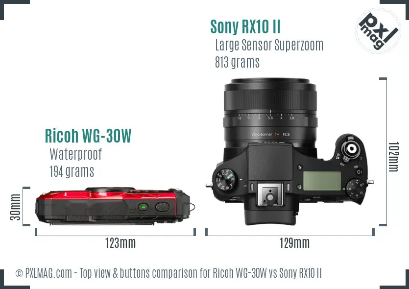 Ricoh WG-30W vs Sony RX10 II top view buttons comparison Ricoh WG-30W vs Sony RX10 II top view buttons comparison