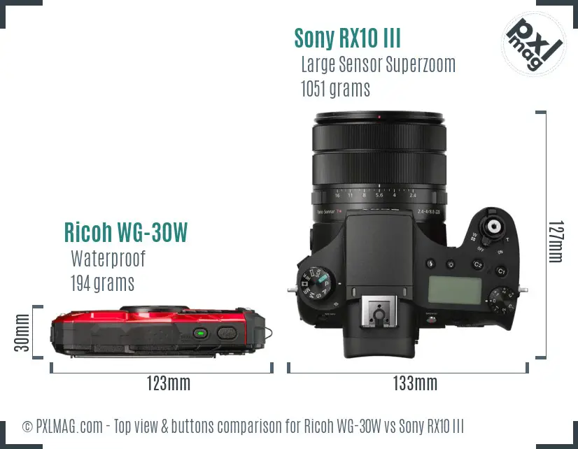 Ricoh WG-30W vs Sony RX10 III top view buttons comparison