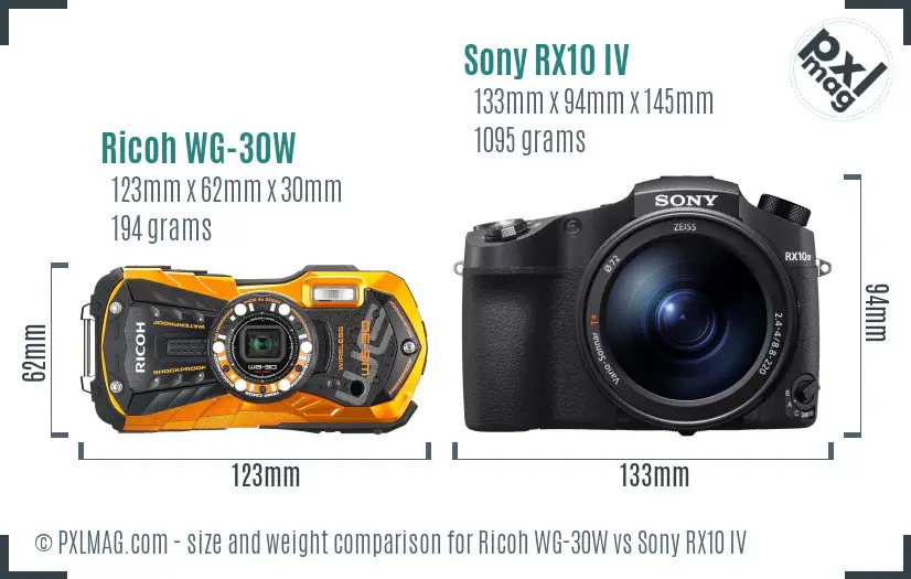 Ricoh WG-30W vs Sony RX10 IV size comparison