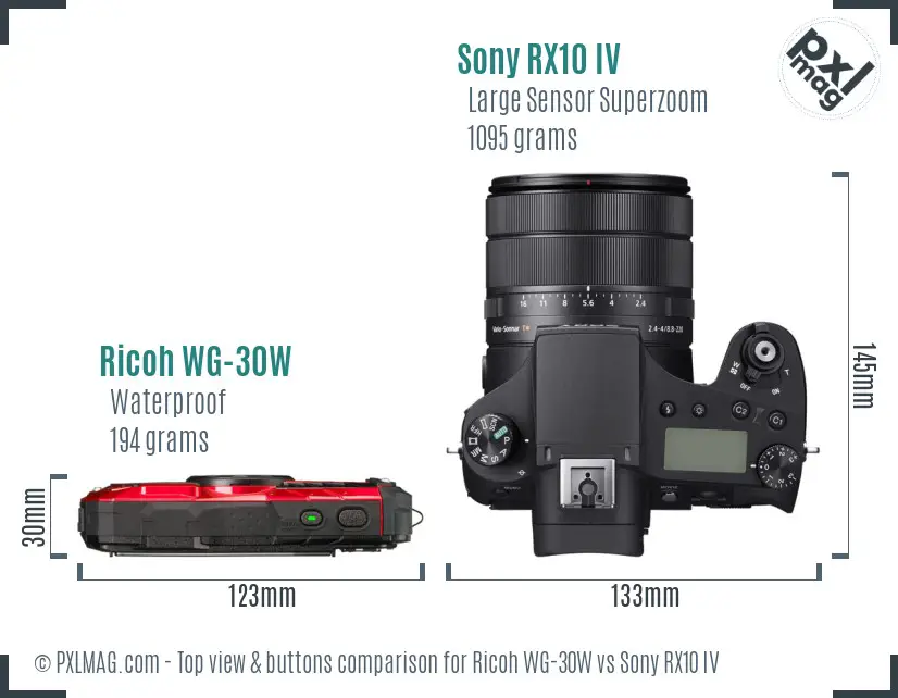 Ricoh WG-30W vs Sony RX10 IV top view buttons comparison