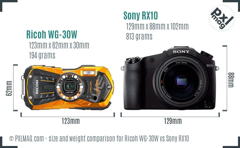 Ricoh WG-30W vs Sony RX10 size comparison