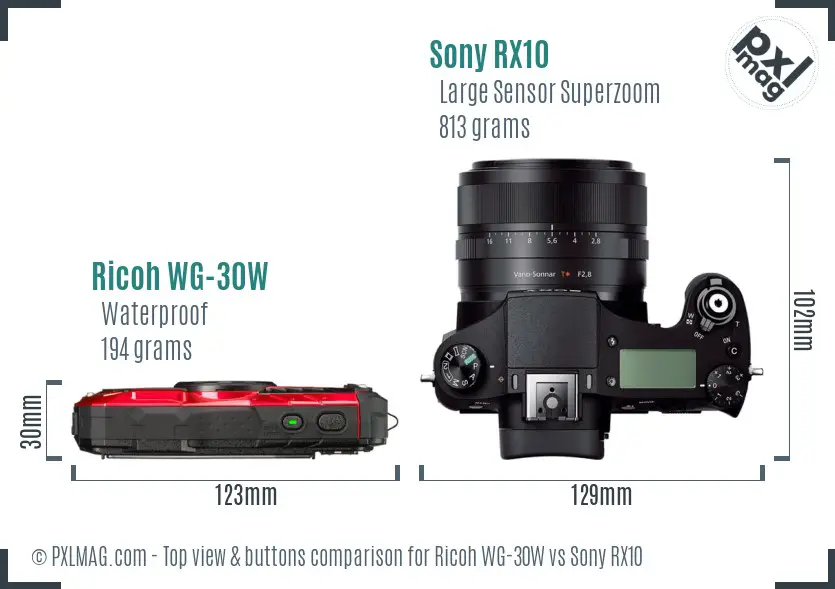 Ricoh WG-30W vs Sony RX10 top view buttons comparison
