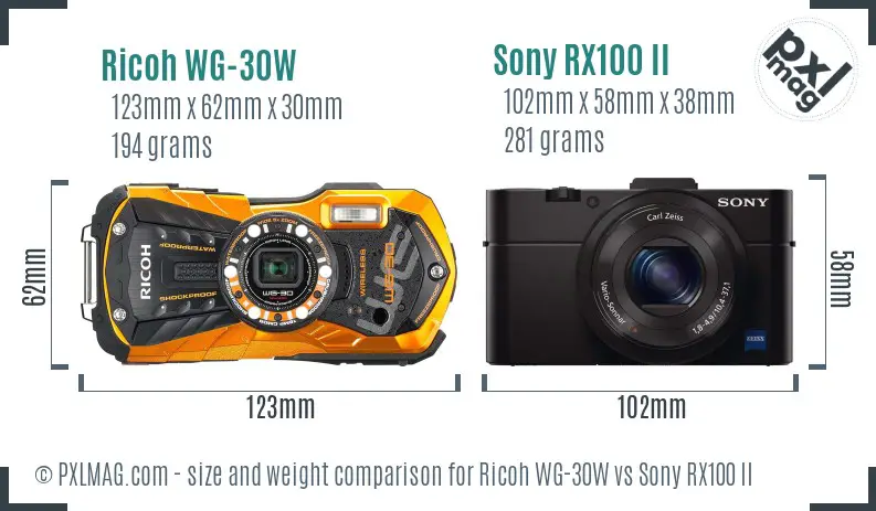 Ricoh WG-30W vs Sony RX100 II size comparison