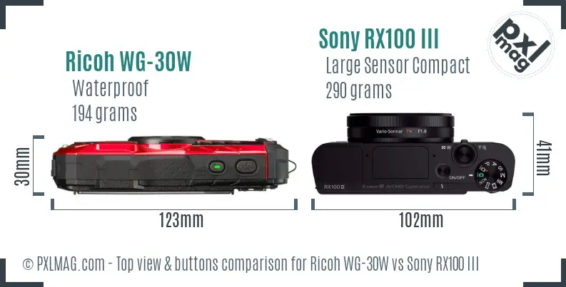 Ricoh WG-30W vs Sony RX100 III top view buttons comparison Ricoh WG-30W vs Sony RX100 III top view buttons comparison