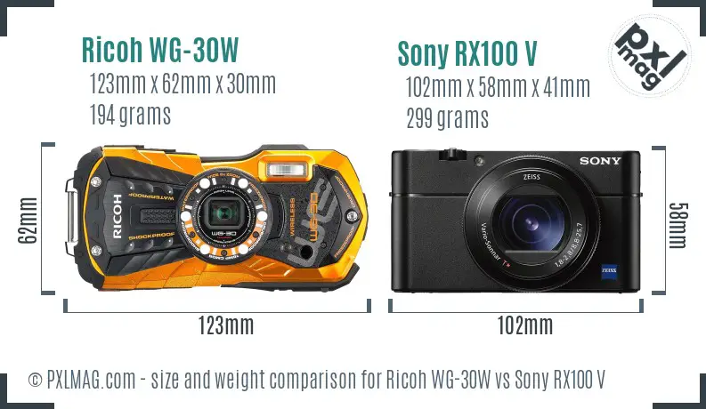 Ricoh WG-30W vs Sony RX100 V size comparison