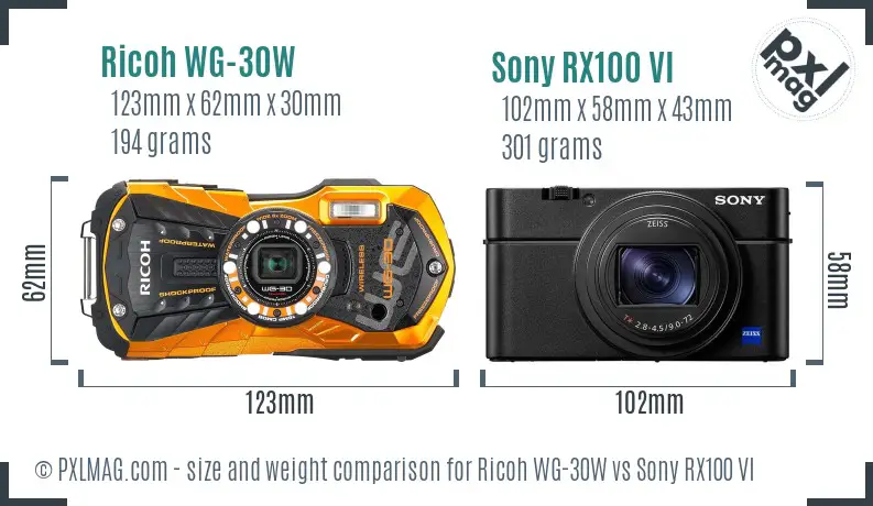 Ricoh WG-30W vs Sony RX100 VI size comparison