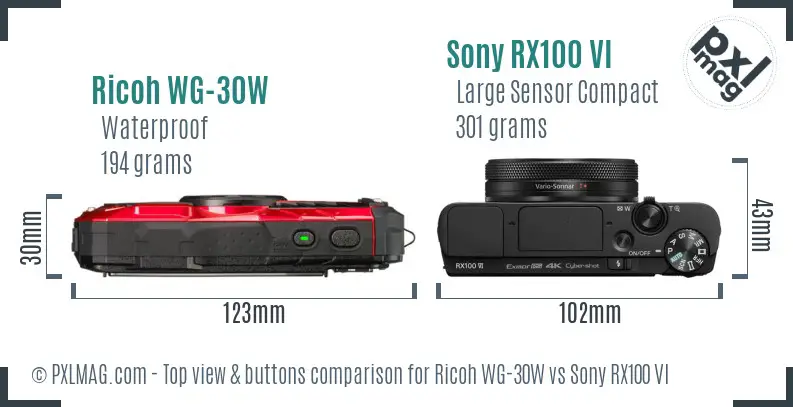 Ricoh WG-30W vs Sony RX100 VI top view buttons comparison