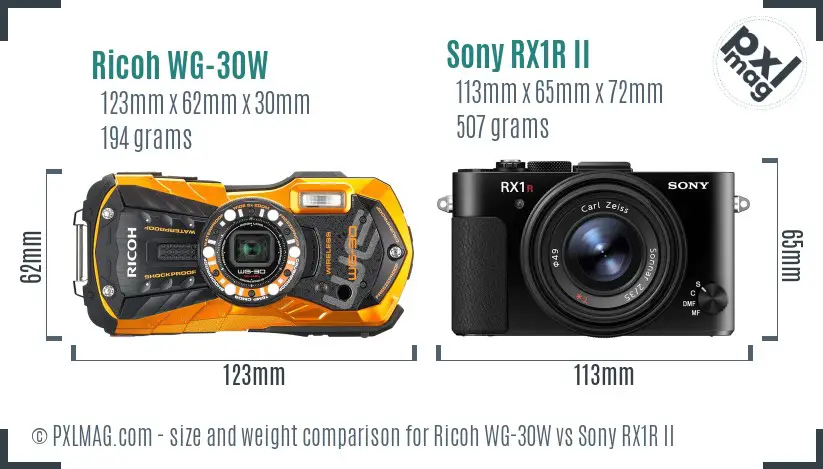 Ricoh WG-30W vs Sony RX1R II size comparison