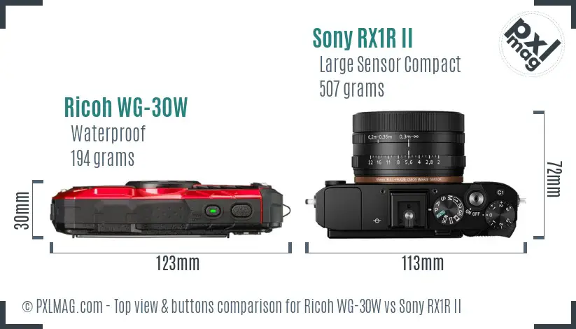 Ricoh WG-30W vs Sony RX1R II top view buttons comparison