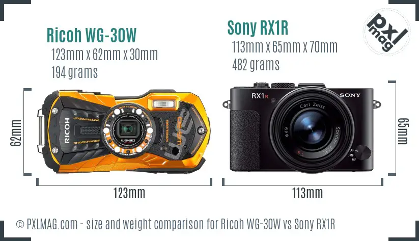 Ricoh WG-30W vs Sony RX1R size comparison