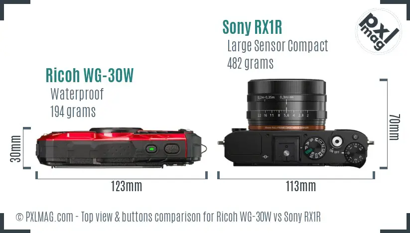 Ricoh WG-30W vs Sony RX1R top view buttons comparison