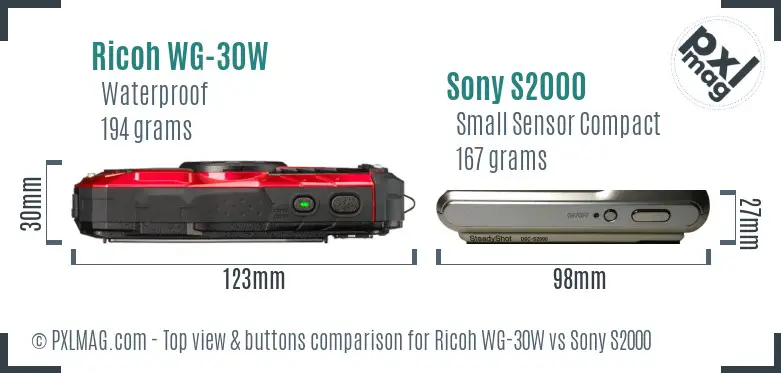 Ricoh WG-30W vs Sony S2000 top view buttons comparison