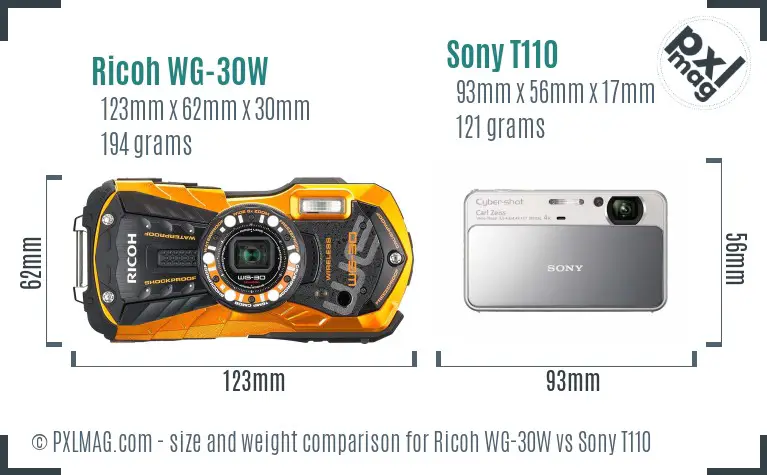 Ricoh WG-30W vs Sony T110 size comparison