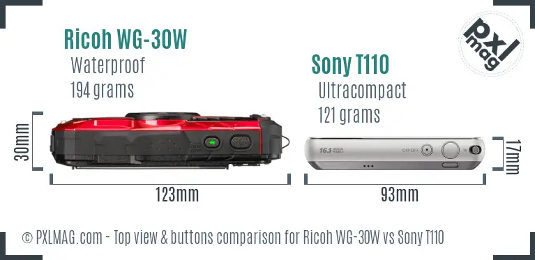 Ricoh WG-30W vs Sony T110 top view buttons comparison