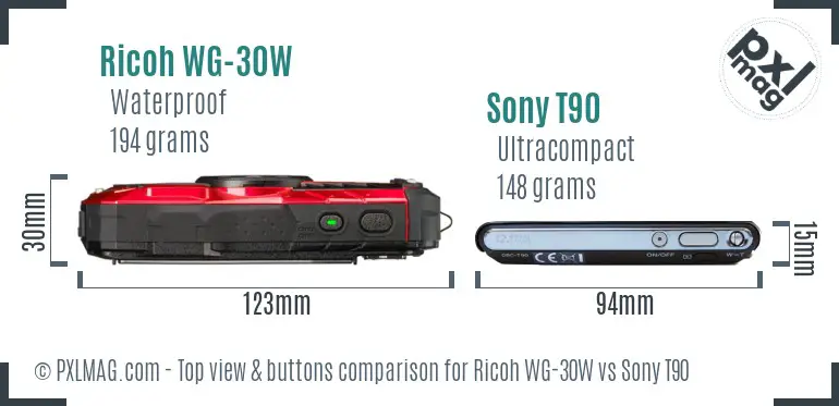 Ricoh WG-30W vs Sony T90 top view buttons comparison